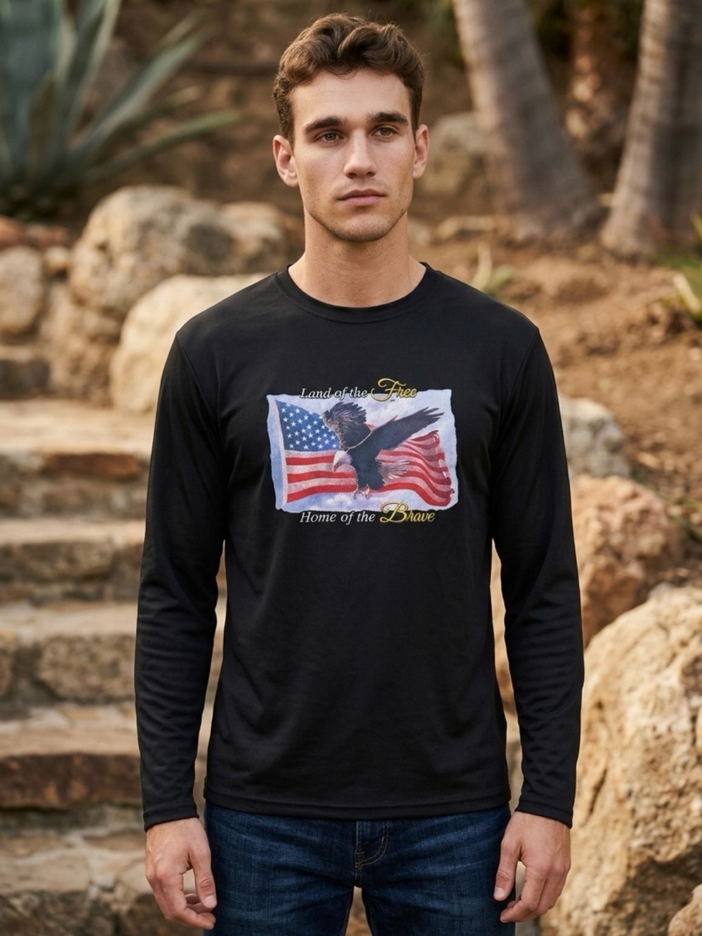Men's Black Long-Sleeve Graphic Tee - Eagle & Flag Design